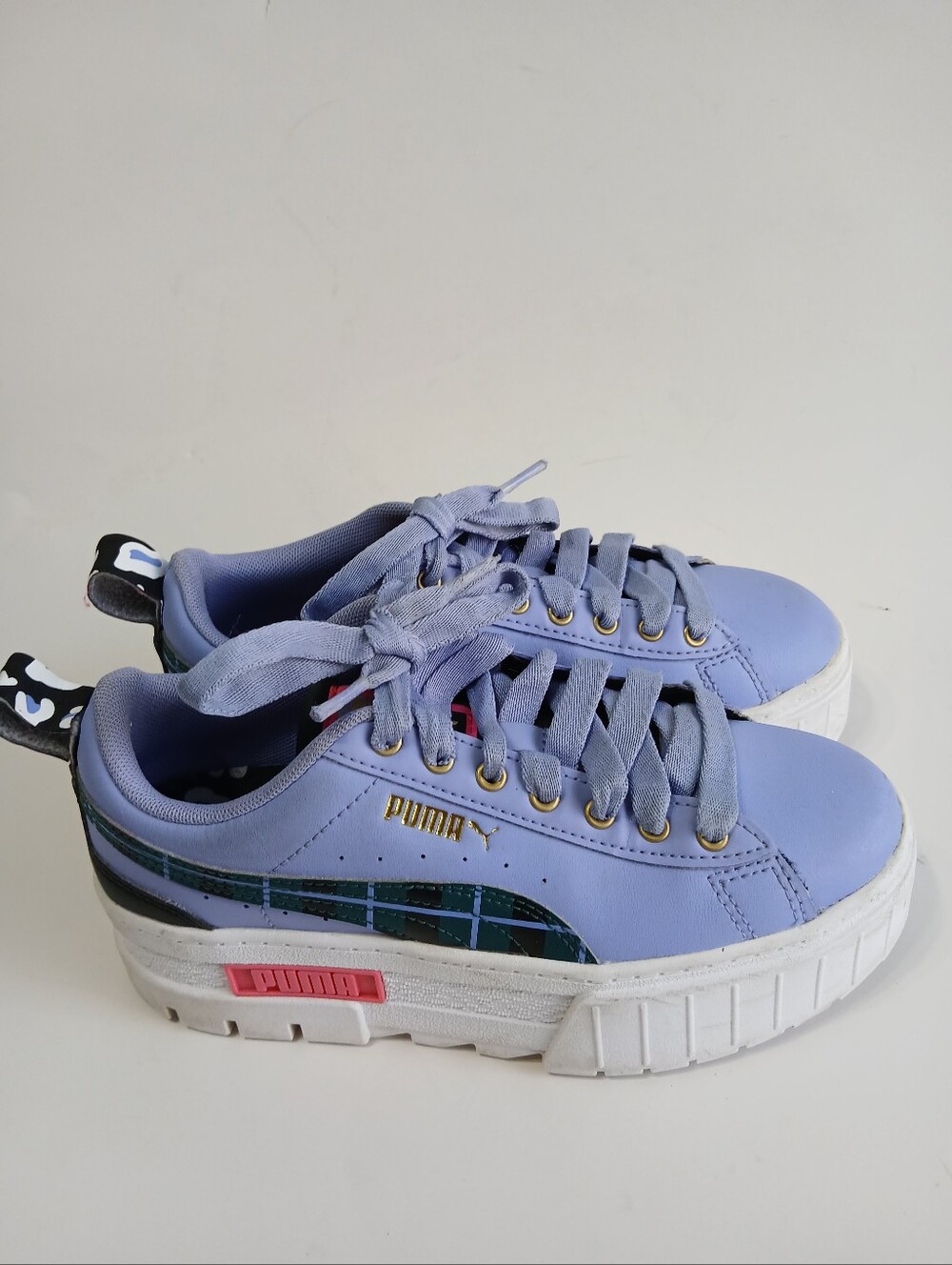 Puma Lavender Platform Sneakers with Green Tartan‎ Stripe and Pink Accent